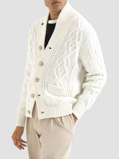 Brunello Cucinelli Men's Cashmere Feather Yarn Cable Knit Cardigan - Panama | Thumbnail 2