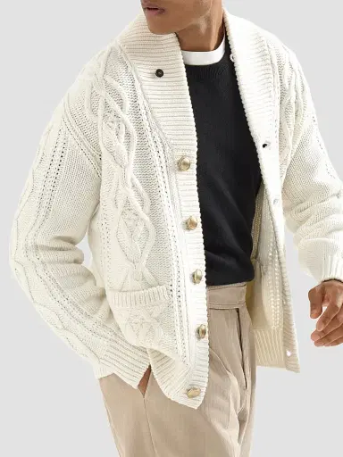 Brunello Cucinelli Men's Cashmere Feather Yarn Cable Knit Cardigan - Panama | Thumbnail 4