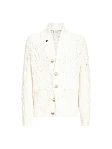 Brunello Cucinelli Men's Cashmere Feather Yarn Cable Knit Cardigan - Panama | Thumbnail 1
