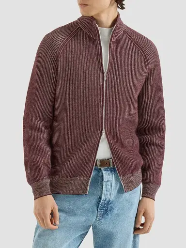 Brunello Cucinelli Men's Cashmere Vanisé English Rib High-Neck Cardigan with Zipper - Burgundy - Size 50 | Thumbnail 2 Brunello Cucinelli Men's Cashmere Vanisé English Rib High-Neck Cardigan with Zipper - Burgundy - Size 50 | Thumbnail 2