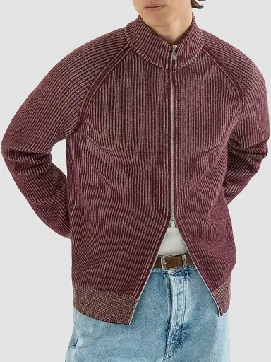 Brunello Cucinelli Men's Cashmere Vanisé English Rib High-Neck Cardigan with Zipper - Burgundy - Size 50 | Thumbnail 4 Brunello Cucinelli Men's Cashmere Vanisé English Rib High-Neck Cardigan with Zipper - Burgundy - Size 50 | Thumbnail 4
