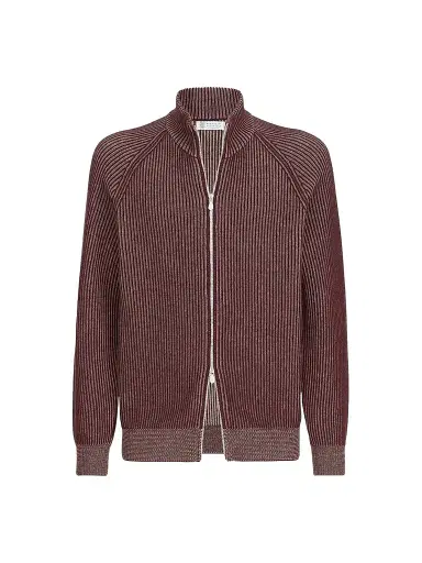 Brunello Cucinelli Men's Cashmere Vanisé English Rib High-Neck Cardigan with Zipper - Burgundy - Size 50 | Thumbnail 1 Brunello Cucinelli Men's Cashmere Vanisé English Rib High-Neck Cardigan with Zipper - Burgundy - Size 50 | Thumbnail 1