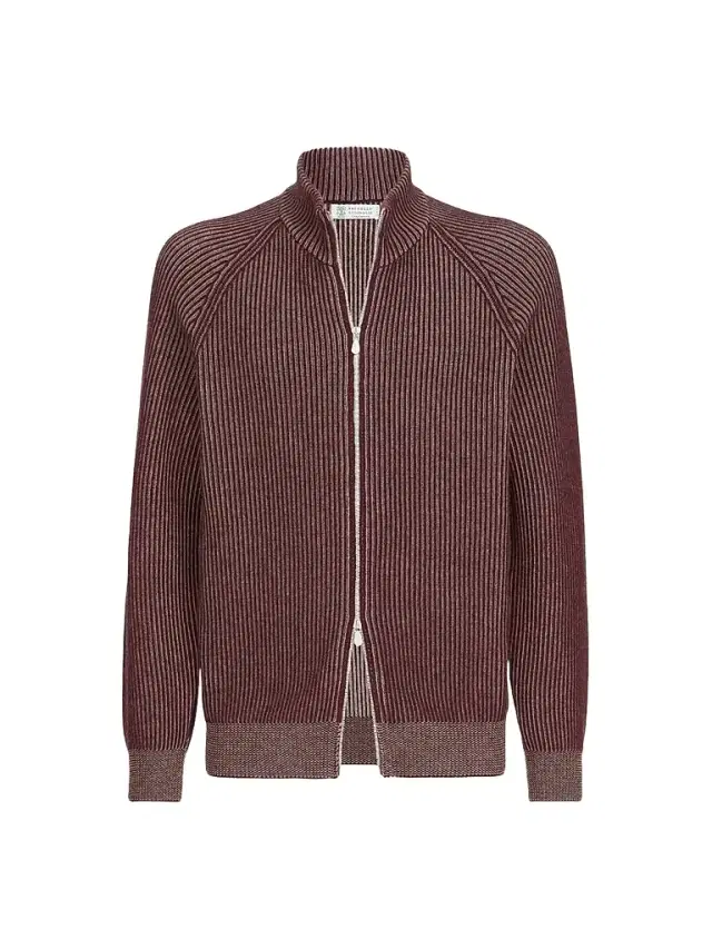 Brunello Cucinelli Men's Cashmere Vanisé English Rib High-Neck Cardigan with Zipper - Burgundy