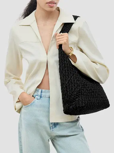 Naghedi Women's Nomad Medium Double Weave Denim Hobo Shoulder Bag - Jet | Thumbnail 3 Naghedi Women's Nomad Medium Double Weave Denim Hobo Shoulder Bag - Jet | Thumbnail 3