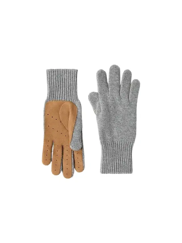 Brunello Cucinelli Men's Cashmere Knit Gloves with Suede Palm - Light Grey