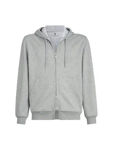 Brunello Cucinelli Men's Cotton, Cashmere and Silk French Terry Double Cloth Hooded Sweatshirt - Medium Grey | Thumbnail 1