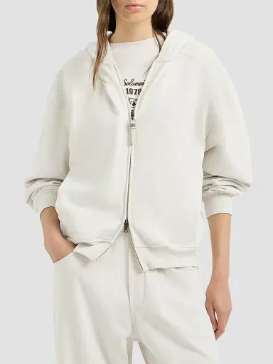 Brunello Cucinelli Women's Cotton Smooth French Terry Sweatshirt with Shiny Zipper Pull - Milk | Thumbnail 2