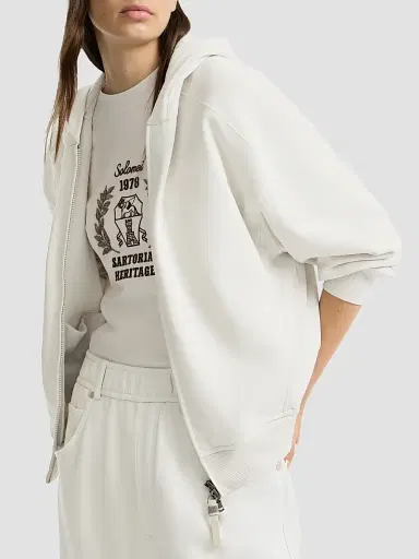 Brunello Cucinelli Women's Cotton Smooth French Terry Sweatshirt with Shiny Zipper Pull - Milk | Thumbnail 4