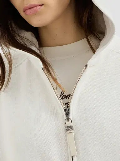 Brunello Cucinelli Women's Cotton Smooth French Terry Sweatshirt with Shiny Zipper Pull - Milk | Thumbnail 5