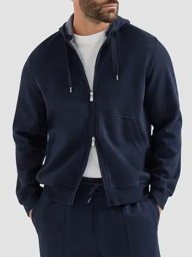 Brunello Cucinelli Men's Cotton, Cashmere and Silk French Terry Double Cloth Hooded Sweatshirt - Cobalt | Thumbnail 2
