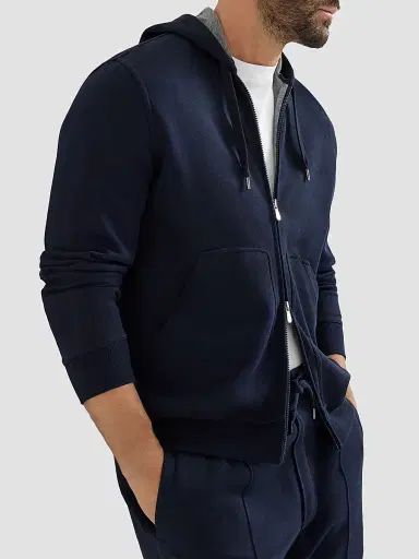 Brunello Cucinelli Men's Cotton, Cashmere and Silk French Terry Double Cloth Hooded Sweatshirt - Cobalt | Thumbnail 4