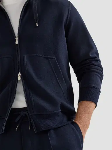 Brunello Cucinelli Men's Cotton, Cashmere and Silk French Terry Double Cloth Hooded Sweatshirt - Cobalt | Thumbnail 5