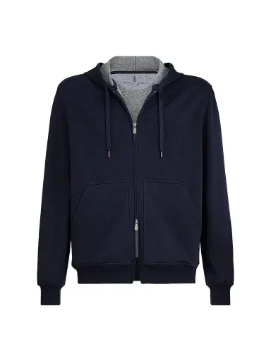 Brunello Cucinelli Men's Cotton, Cashmere and Silk French Terry Double Cloth Hooded Sweatshirt - Cobalt | Thumbnail 1