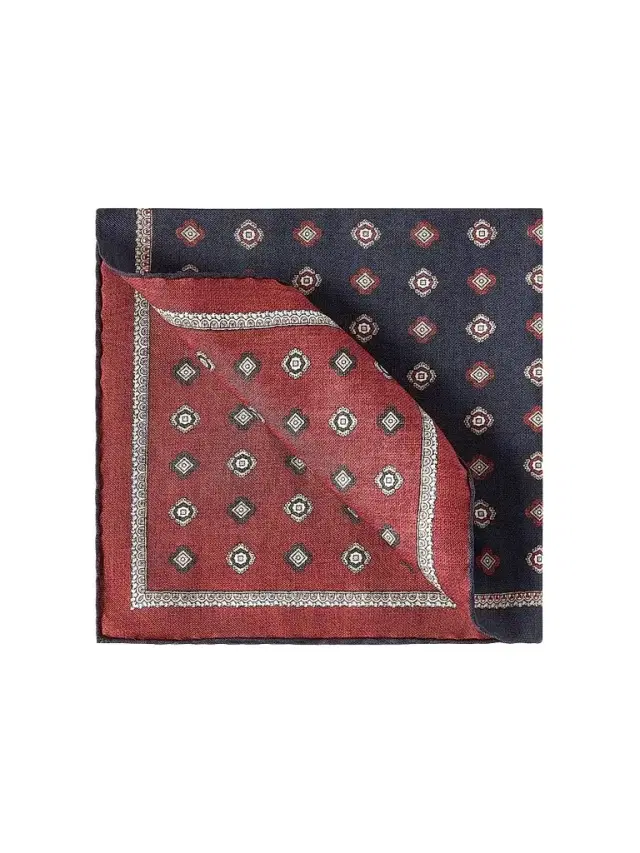 Men's Silk Pocket Square with Medallion Design - Navy Blue