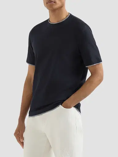 Brunello Cucinelli Men's Cotton Jersey Crewneck T-Shirt with Faux Layering - Cobalt | Thumbnail 2
