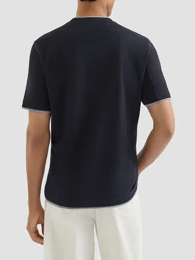 Brunello Cucinelli Men's Cotton Jersey Crewneck T-Shirt with Faux Layering - Cobalt | Thumbnail 3
