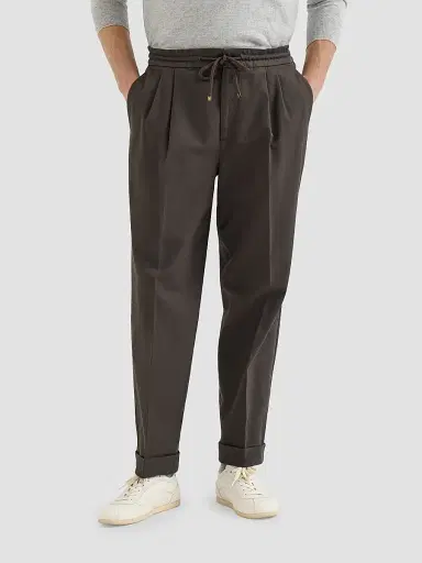 Brunello Cucinelli Men's Cotton Gabardine Trousers with Drawstring and Double Pleats - Brown - Size 42 | Thumbnail 2 Brunello Cucinelli Men's Cotton Gabardine Trousers with Drawstring and Double Pleats - Brown - Size 42 | Thumbnail 2