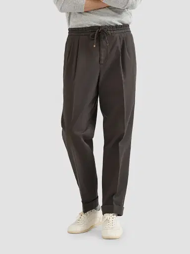 Brunello Cucinelli Men's Cotton Gabardine Trousers with Drawstring and Double Pleats - Brown - Size 42 | Thumbnail 4 Brunello Cucinelli Men's Cotton Gabardine Trousers with Drawstring and Double Pleats - Brown - Size 42 | Thumbnail 4