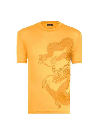 Stefano Ricci Men's Dragon Embroidered Design T-Shirt - Honey Yellow | Thumbnail 1 Stefano Ricci Men's Dragon Embroidered Design T-Shirt - Honey Yellow | Thumbnail 1