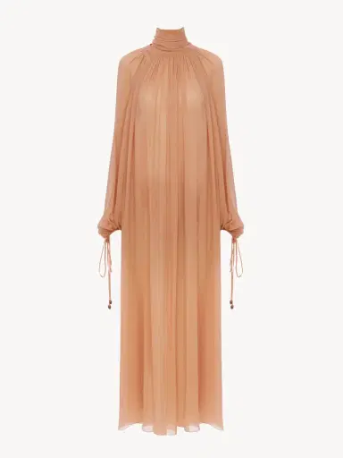 Chloé Mock-Neck Gathered Long Dress In Silk Georgette | Thumbnail 3