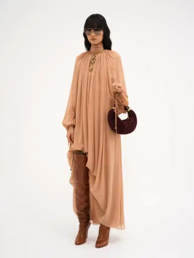 Chloé Mock-Neck Gathered Long Dress In Silk Georgette | Thumbnail 8