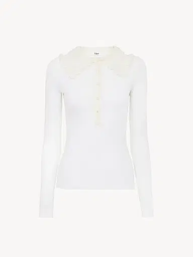 Chloé Collared Henley shirt in superfine wool knit & lace | Thumbnail 2