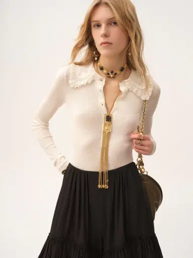 Chloé Collared Henley shirt in superfine wool knit & lace | Thumbnail 4