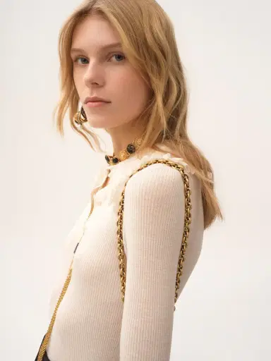 Chloé Collared Henley shirt in superfine wool knit & lace | Thumbnail 6