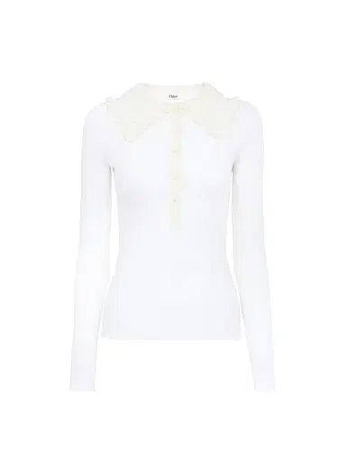 Chloé Collared Henley shirt in superfine wool knit & lace | Thumbnail 1