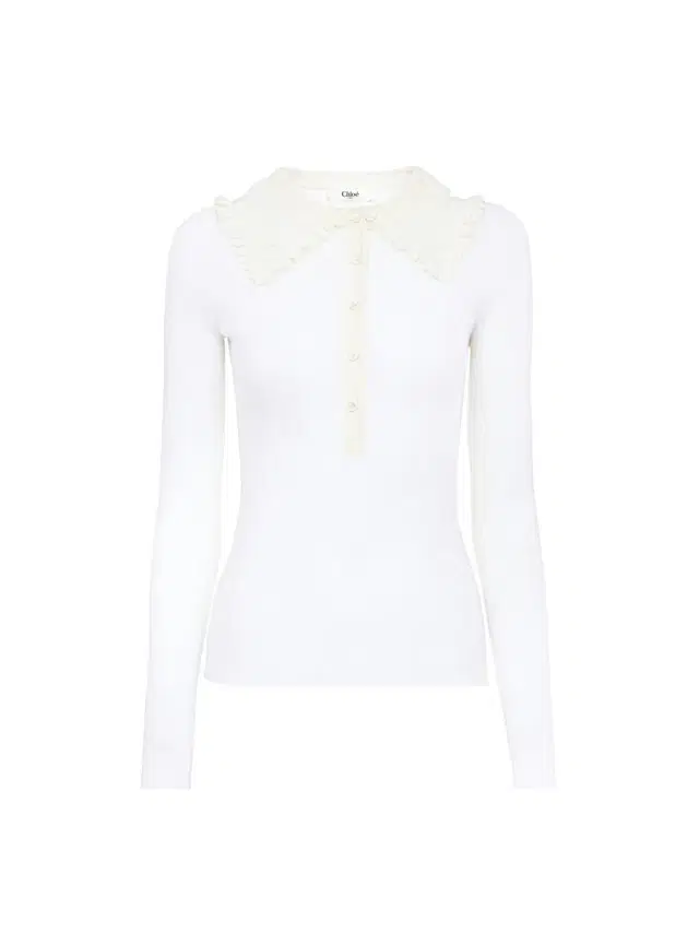 Chloé Collared Henley shirt in superfine wool knit & lace