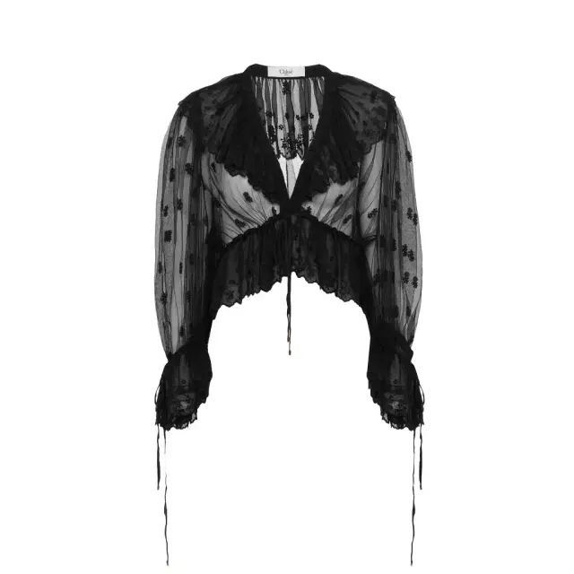V-neck ruffle top in embroidered lace