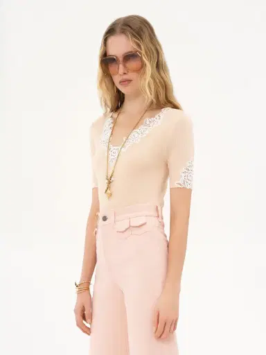 Chloé Fitted short-sleeve top in guipure lace wool knit | Thumbnail 4