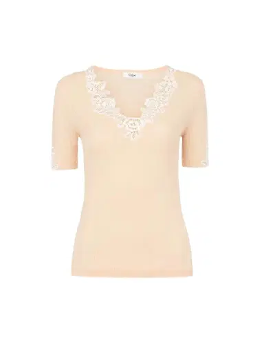 Chloé Fitted short-sleeve top in guipure lace wool knit | Thumbnail 1