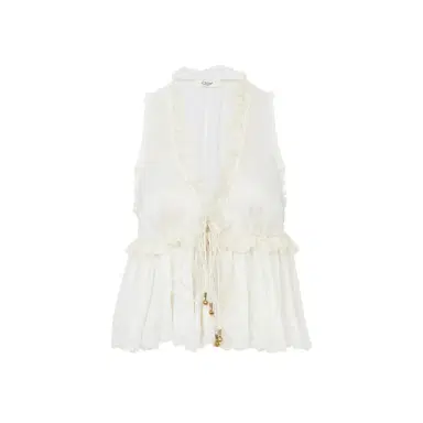 Chloé Tie-front sleeveless top in washed silk satin & lace | Thumbnail 1