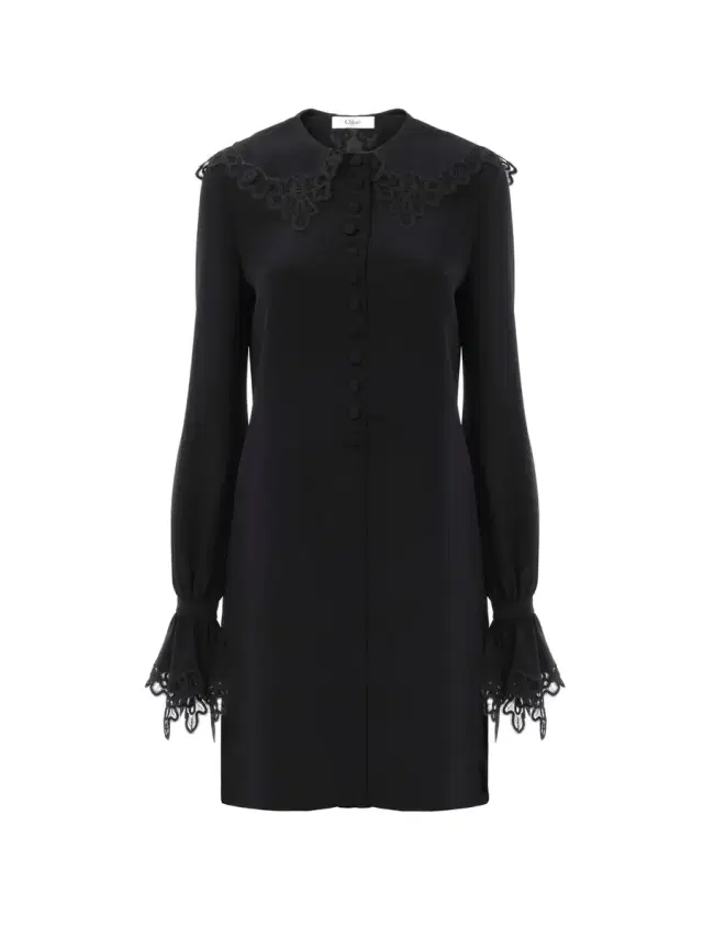 Long-sleeve mini dress in crêpe de chine & lace