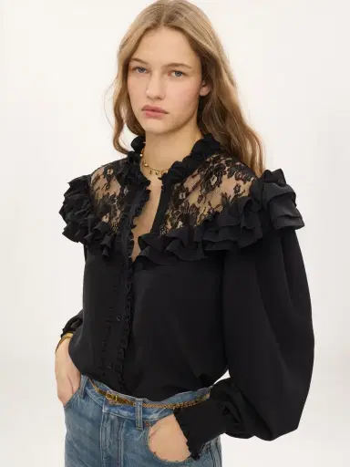 Chloé High-neck ruffled blouse in crêpe de chine & lace | Thumbnail 4