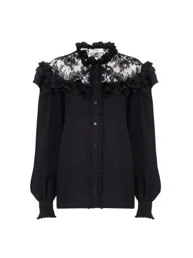Chloé High-neck ruffled blouse in crêpe de chine & lace | Thumbnail 1