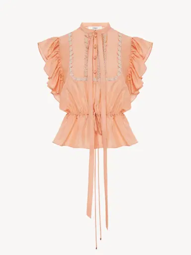Chloé Short-sleeve ruffle top in washed silk habotai & lace | Thumbnail 2
