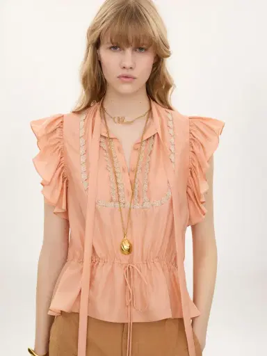 Chloé Short-sleeve ruffle top in washed silk habotai & lace | Thumbnail 4