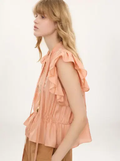 Chloé Short-sleeve ruffle top in washed silk habotai & lace | Thumbnail 5