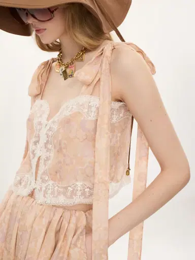 Chloé Knotted-strap cropped top in silk charmeuse & lace | Thumbnail 6