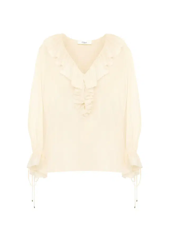 Chloé V-neck ruffle top in crêpe de chine