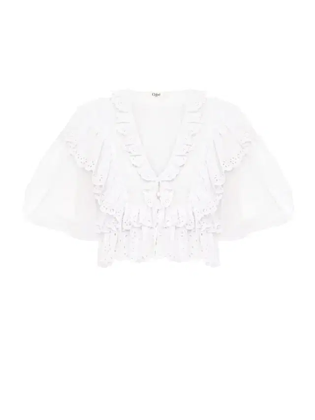 Cropped V-neck ruffle top in cotton voile
