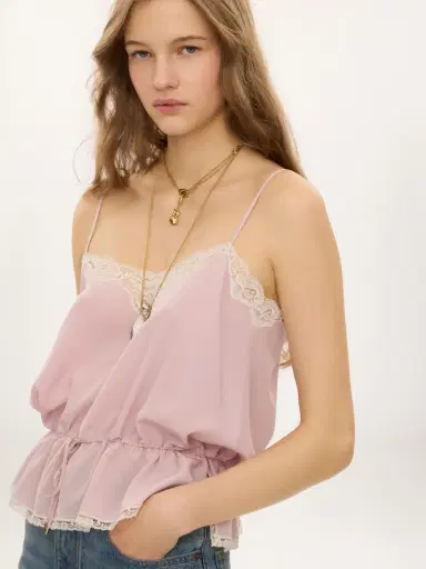 Chloé Drawstring camisole top in crêpe de chine & lace | Thumbnail 4