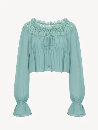 Chloé Scoop-neck cropped top in silk georgette & lace | Thumbnail 2