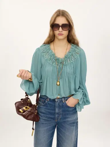 Chloé Scoop-neck cropped top in silk georgette & lace | Thumbnail 4