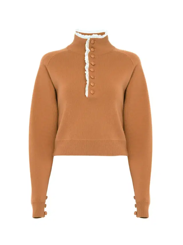 High-neck sweater in a wool knit & lace