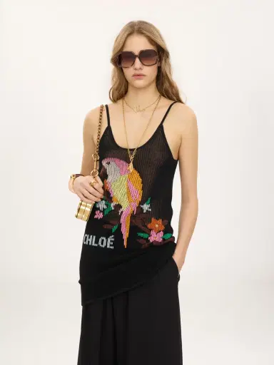 Chloé Thin-strap fitted logo mini dress in a cotton mesh knit | Thumbnail 4