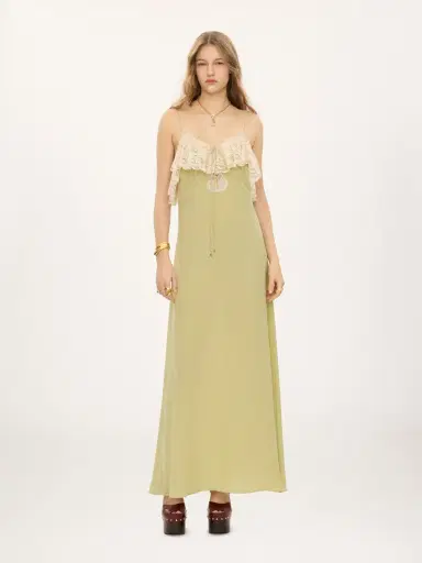 Chloé Thin-strap long dress in crêpe de chine & lace | Thumbnail 3