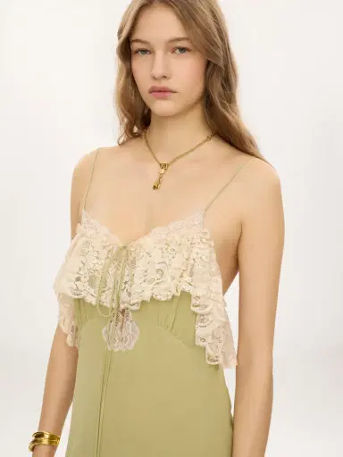 Chloé Thin-strap long dress in crêpe de chine & lace | Thumbnail 7